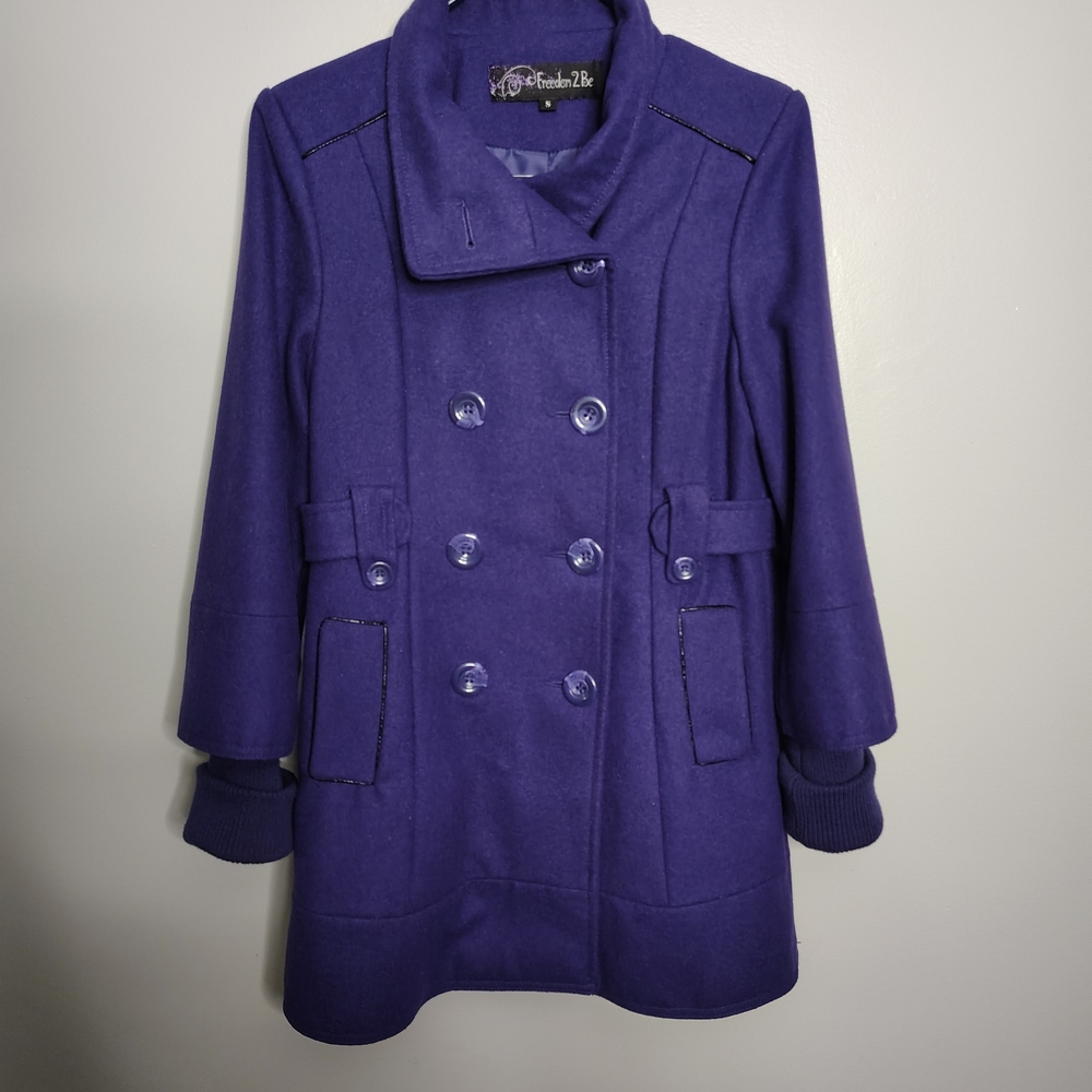 Freedom 2 Be Purple Long Double Breasted Wool Peacoat Women's Size Small